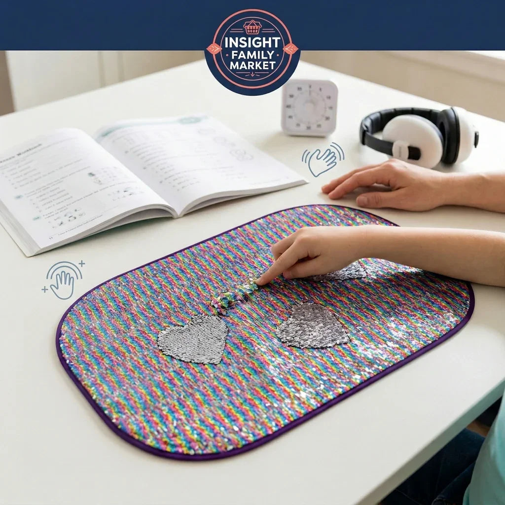Child using a sensory sequin mat with silver heart shapes at a desk with study materials and headphones.