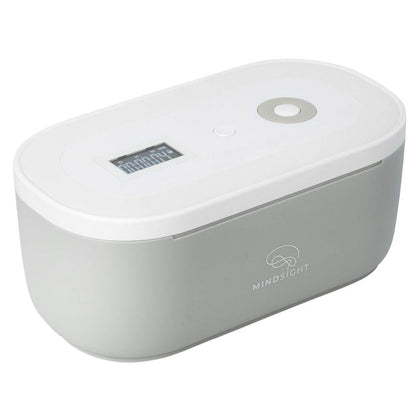 White and gray electronic device with a small screen and 'Mindsight' logo on a white background