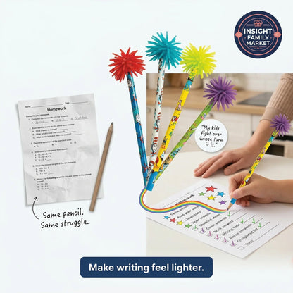 Colorful pens with fuzzy tips on a homework assignment, featuring Insight Family Market logo.