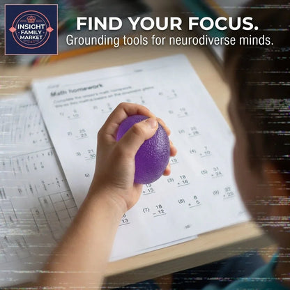 Child holding a purple sensory stress ball while working on math homework at a desk.