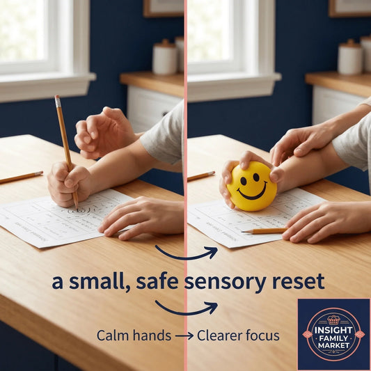 Child at desk with homework, using a smiley face sensory stress ball for focus support.