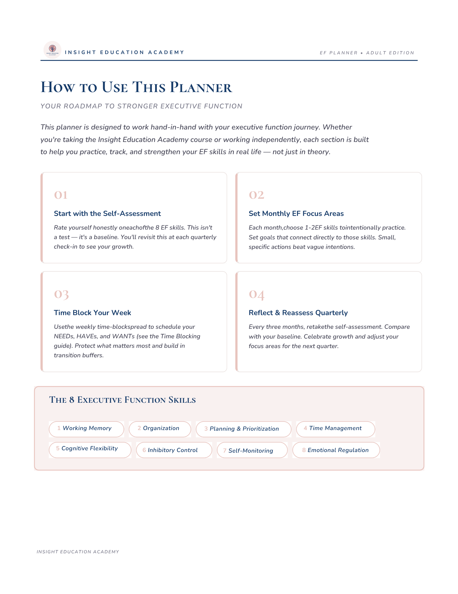 Insight Education Academy planner guide on how to use the planner for executive function skills.