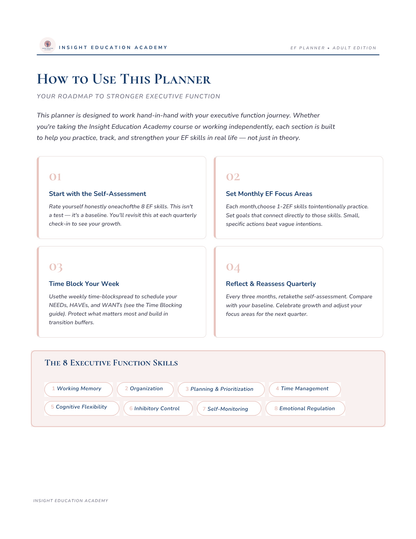 Insight Education Academy planner guide on how to use the planner for executive function skills.