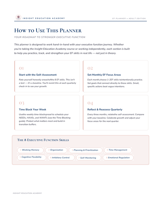 Insight Education Academy planner guide on how to use the planner for executive function skills.