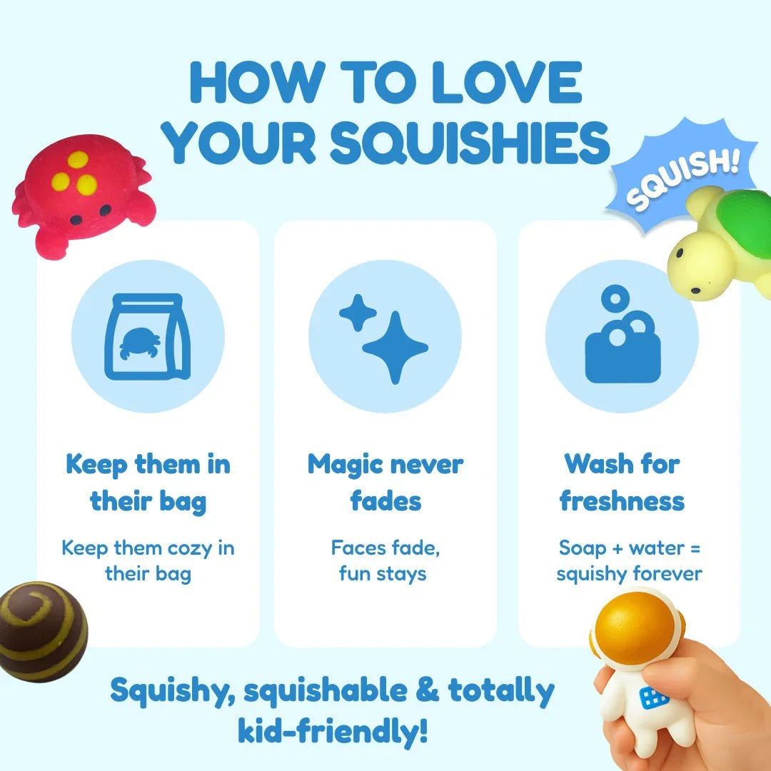 How to care for squishy sensory toys, including washing and storage tips, with kid-friendly designs.