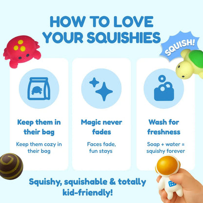 How to care for squishy sensory toys, including washing and storage tips, with kid-friendly designs.
