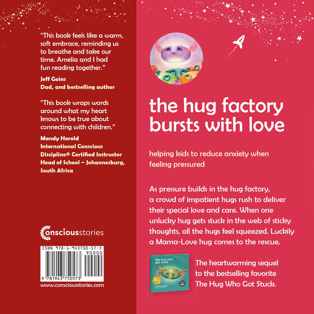 Back cover of a book titled 'The Hug Factory' with text and a barcode on a red background.
