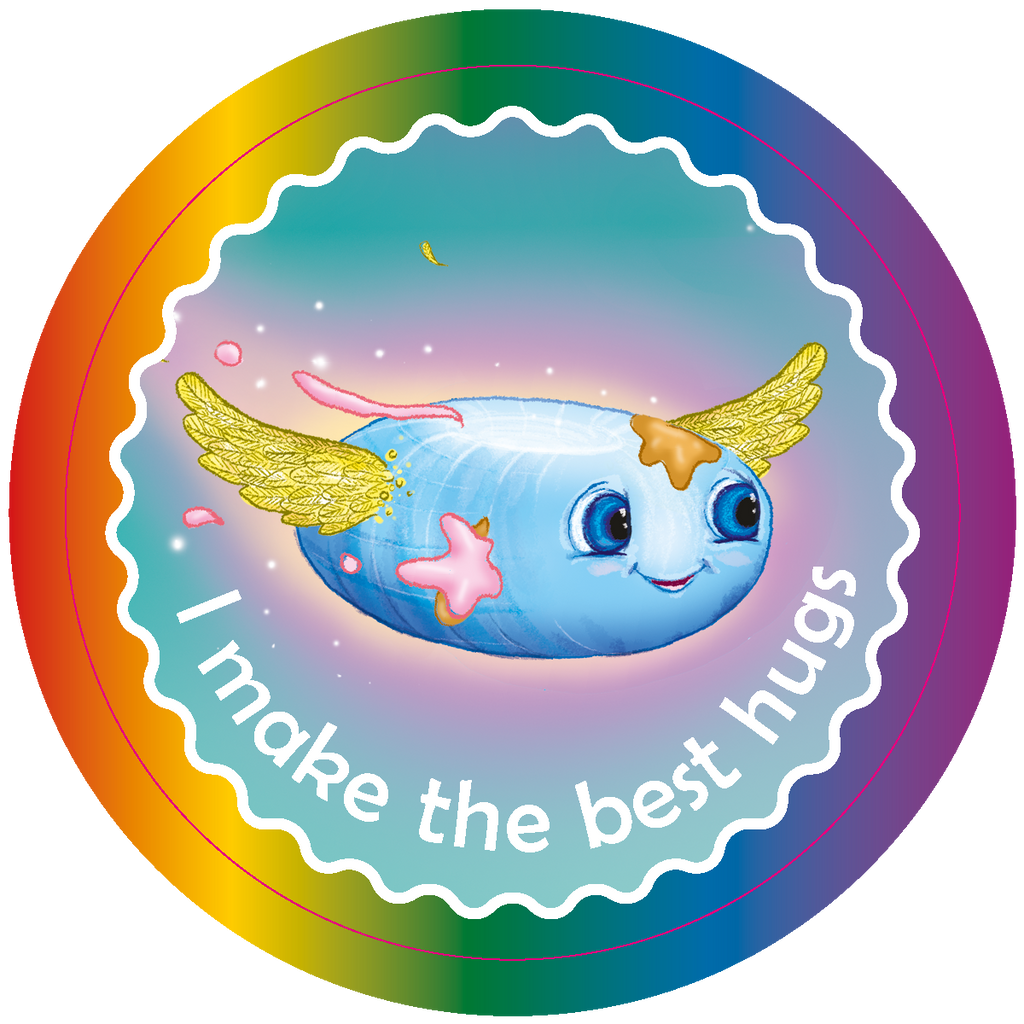 Colorful circular sticker with a blue creature with wings and text 'I make the best hugs' on a white background.