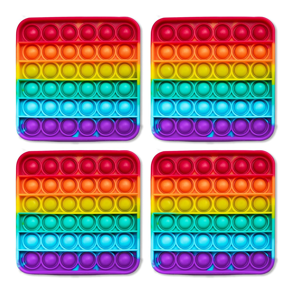 Four rainbow-colored pop-it fidget toys on a white background