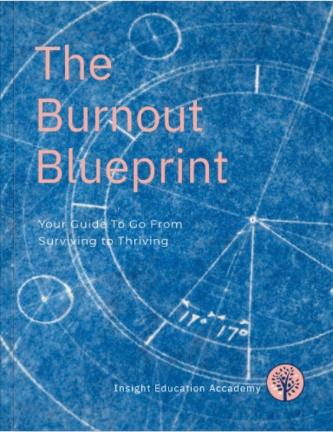 A blue book cover featuring a technical blueprint pattern with concentric circles and geometric lines. The text at the top reads "The Burnout Blueprint" in a soft pink, sans-serif font. Below it, a subtitle states, "Your Guide To Go From Surviving to Thriving." A circular logo containing a stylized pink tree icon is located in the bottom right corner, next to the text "Insight Education Academy" written along the bottom center.