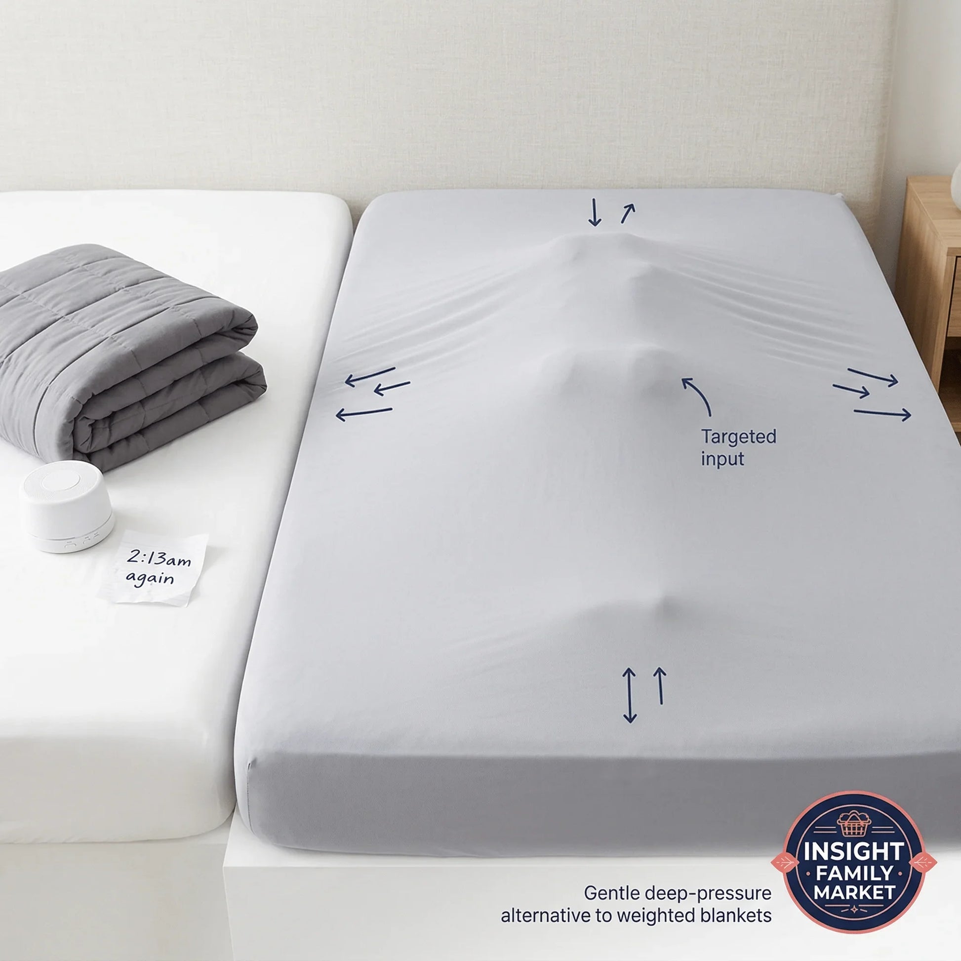 Sensory-friendly deep pressure sheet for sleep support, alternative to weighted blankets.