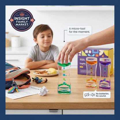 Child with sensory liquid motion timers for calming after school, sensory-friendly tool on table.