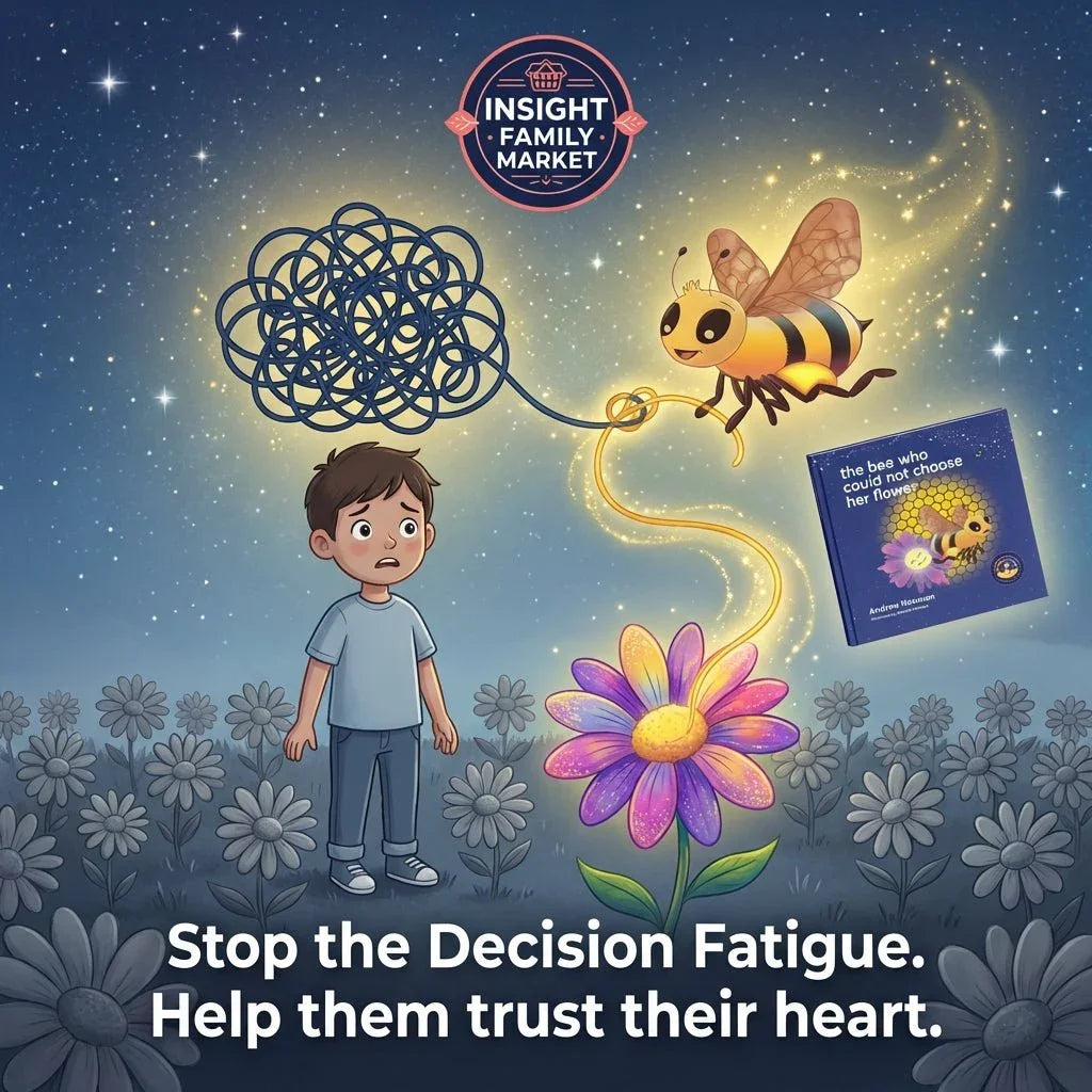 Anxious child stands near glowing bee unraveling tangled thoughts, book about choices shown