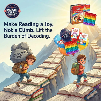Illustration of a sad boy struggling to climb book steps with 'sounding out' boulder, and a happy boy lifted by balloons featuring learning tools, sight words, and sensory fidget toys for reading support.