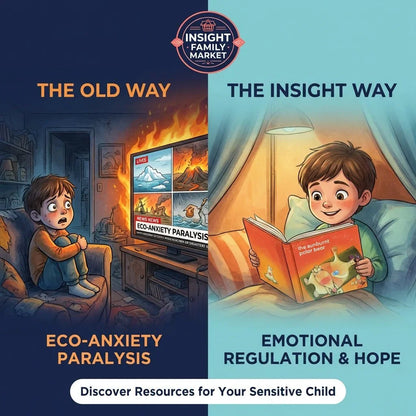 Split image of a worried child watching distressing news about eco-anxiety on TV, contrasted with a happy child reading in bed, showing difference between anxiety and emotional regulation support for sensitive children.