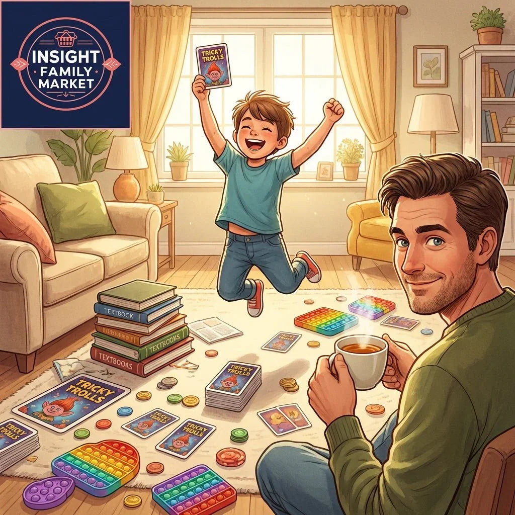 Smiling child and parent playing educational card game with sensory toys in cozy living room