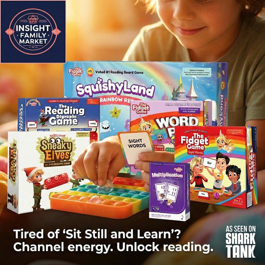 Child playing with sensory fidget toy and reading games for ADHD, autism, dyslexia support