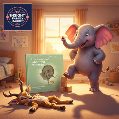 Illustrated elephant in a room with a book titled 'the elephant who tried to tiptoe' and Insight Family Market logo.