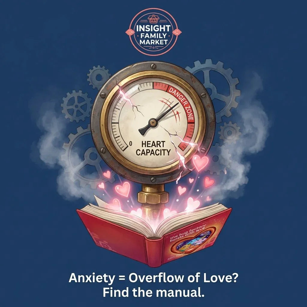 Heart capacity gauge in danger zone above open book with glowing hearts and gears, anxiety concept.