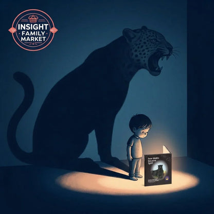 Young child reading in spotlight with fierce leopard shadow, illustrating misunderstood emotions.