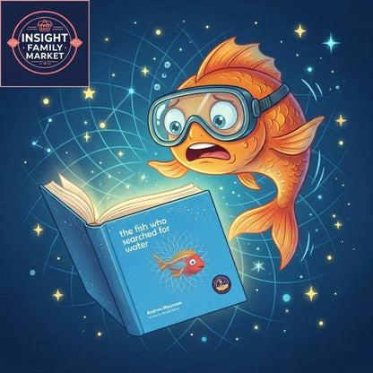 Cartoon goldfish with goggles reading 'the fish who searched for water' book, starry background.