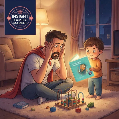 Illustration of a dad looking stressed while a smiling child shows him a book, surrounded by sensory toys in a cozy living room.