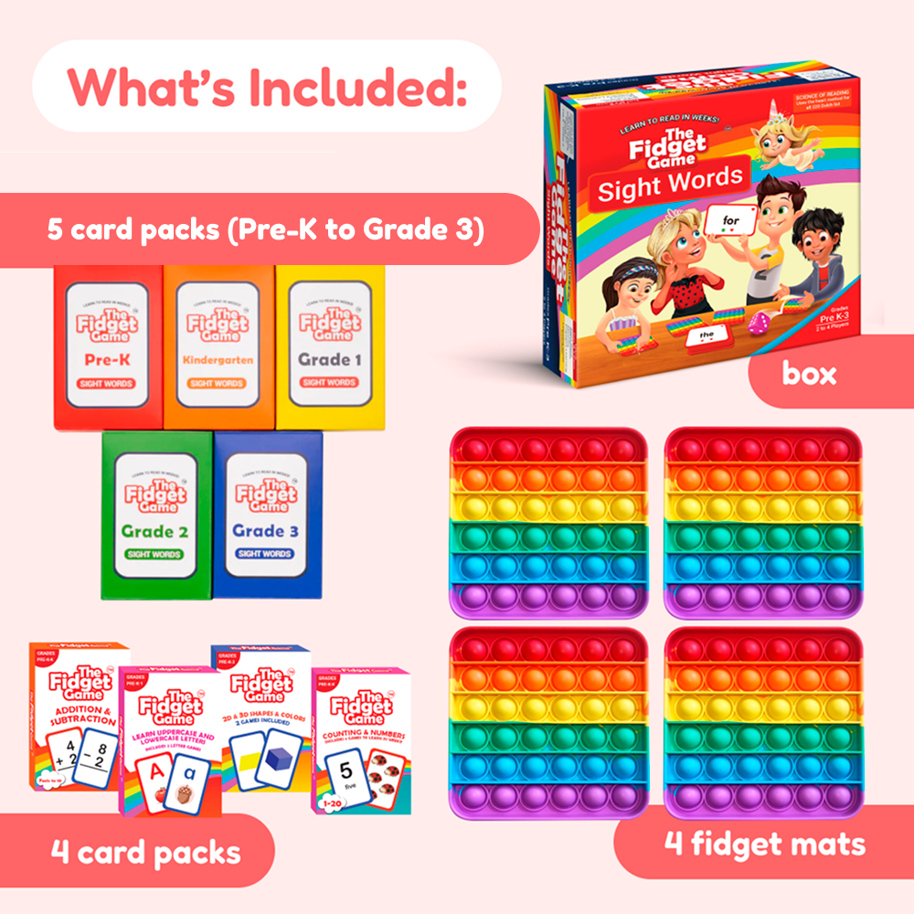 Educational game set with card packs, pop-it mats, and box on a pink background