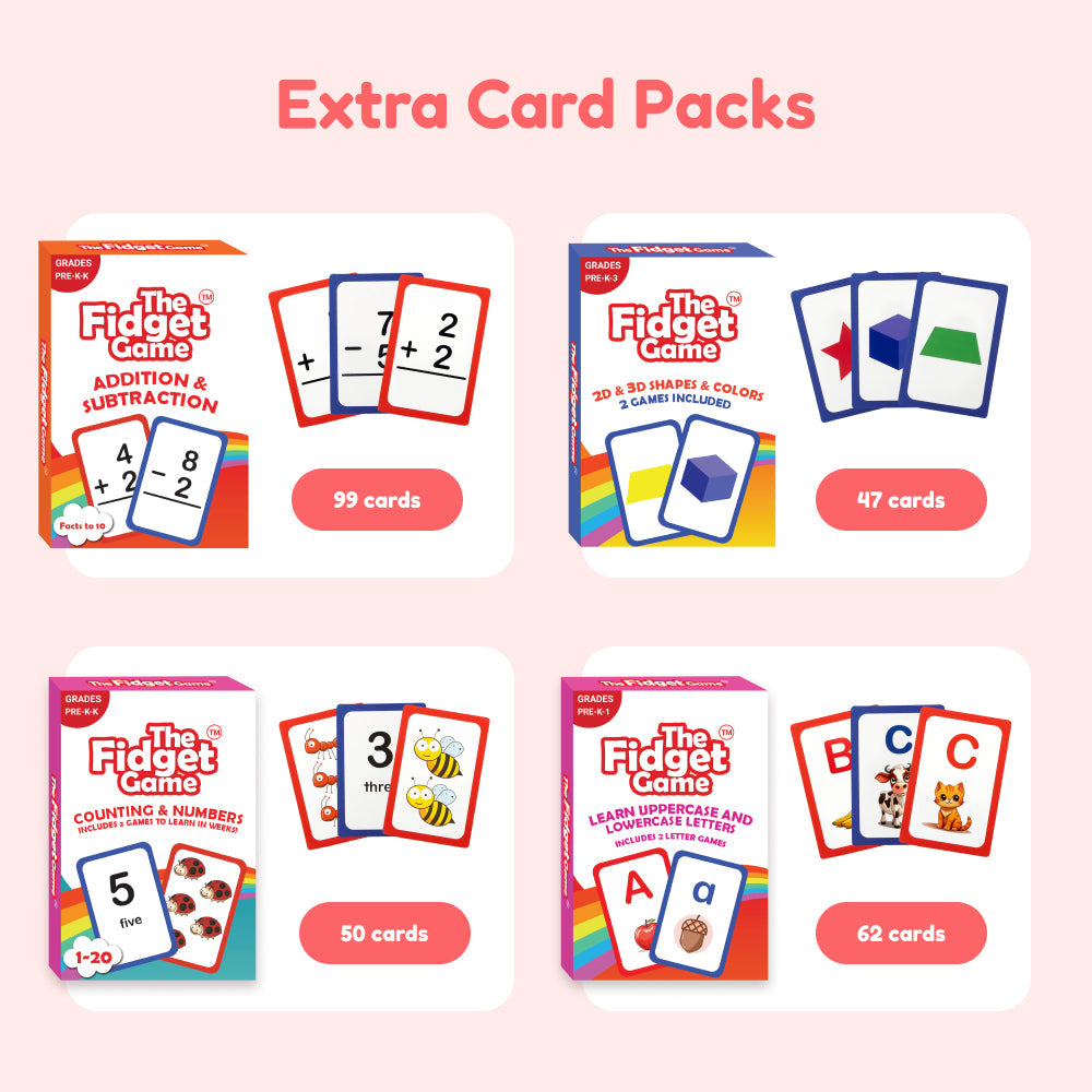 Extra card packs for 'The Fidget Game' on a pink background
