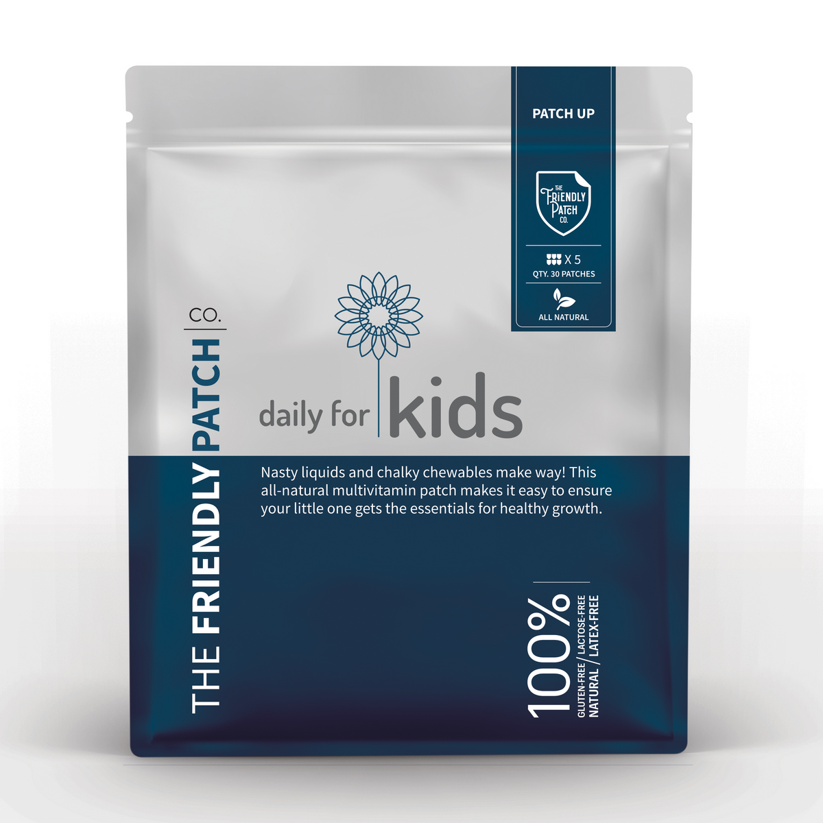 A stand-up pouch package for The Friendly Patch Kids Daily For Kids multivitamin, shown on a plain white background. The pouch is white on the upper portion with a dark navy blue lower band and dark blue text.