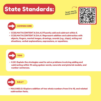 Educational standards chart for math, includes Common Core, TEKS, B.E.S.T., and a QR code.