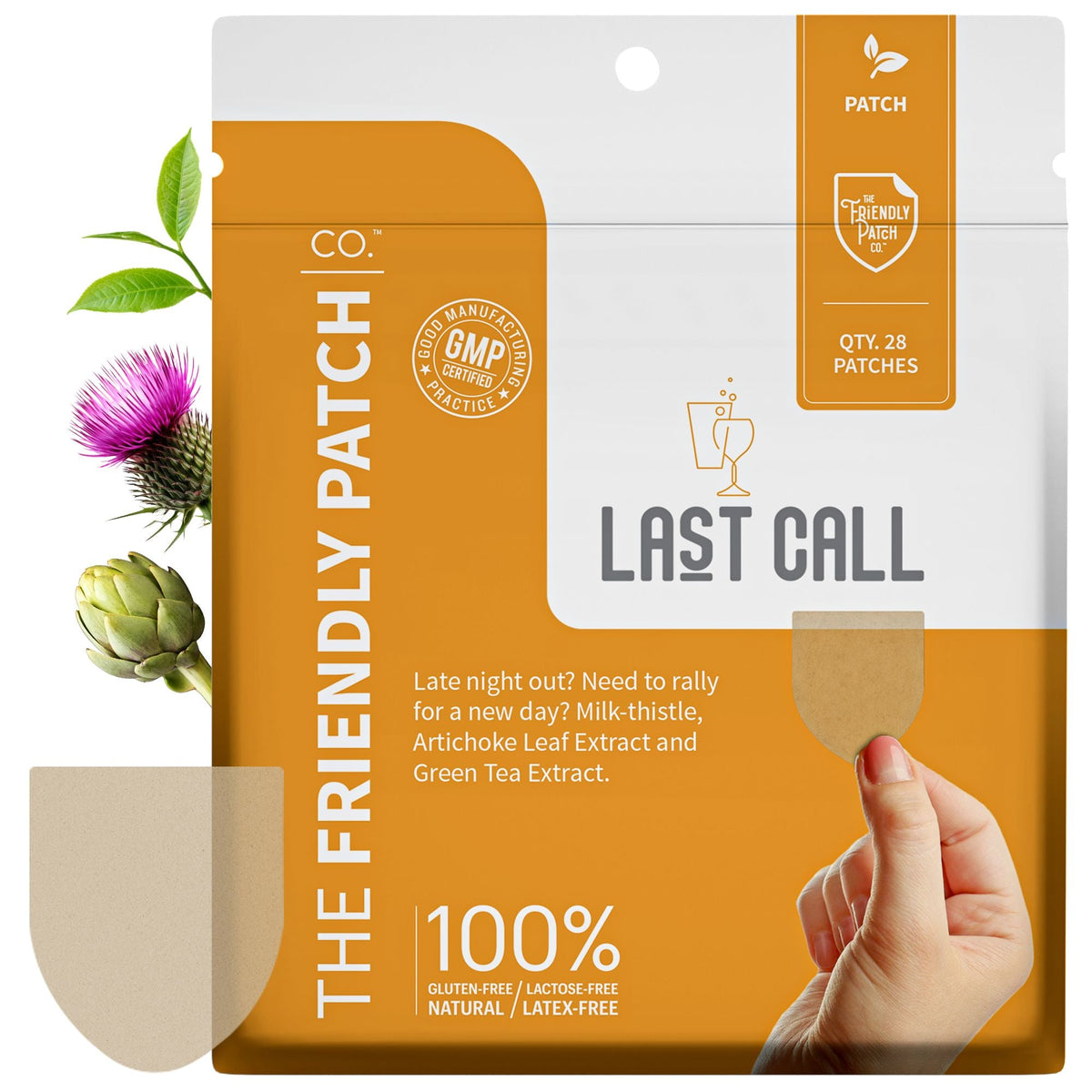 Package of 'The Friendly Patch' with branding and product details on a white background