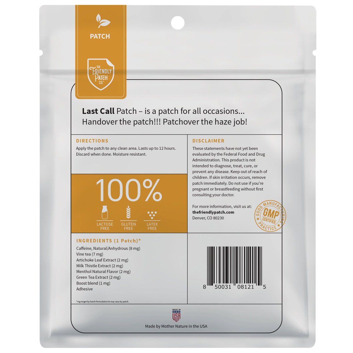 Back view of a 'Last Call Patch' packaging with text and branding on a white background