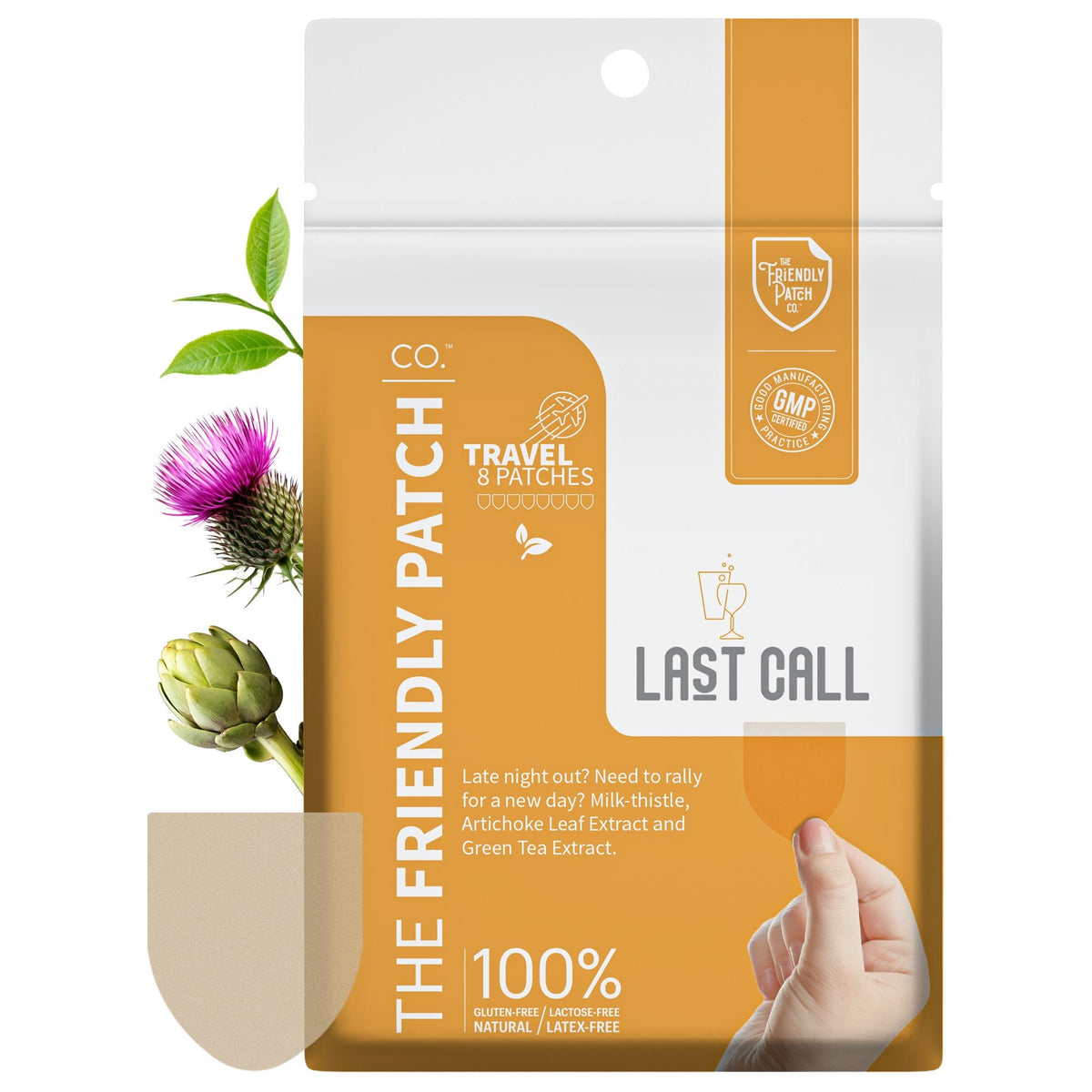 CO. Travel & Patches 'The Friendly Patch' package shown upright on a white background, with botanical illustrations of milk thistle and an artichoke on the left and a hand holding a patch on the lower right.