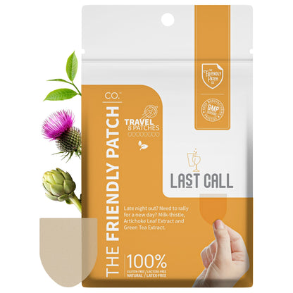 CO. Travel & Patches 'The Friendly Patch' package shown upright on a white background, with botanical illustrations of milk thistle and an artichoke on the left and a hand holding a patch on the lower right.