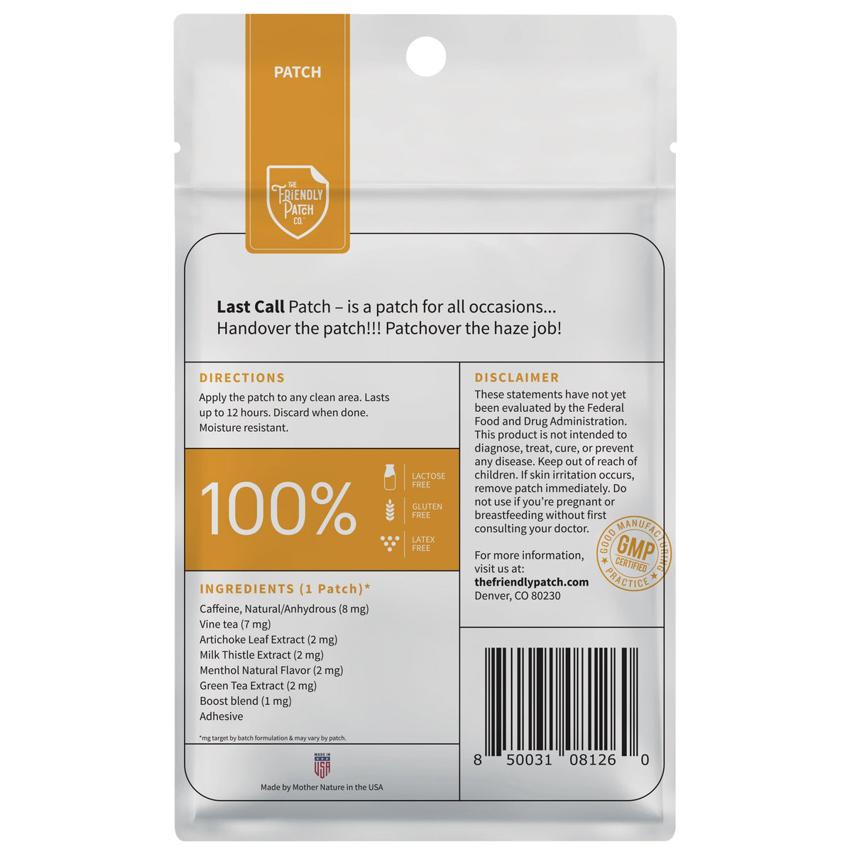 Package of Last Call Patch with branding and product details on a white background