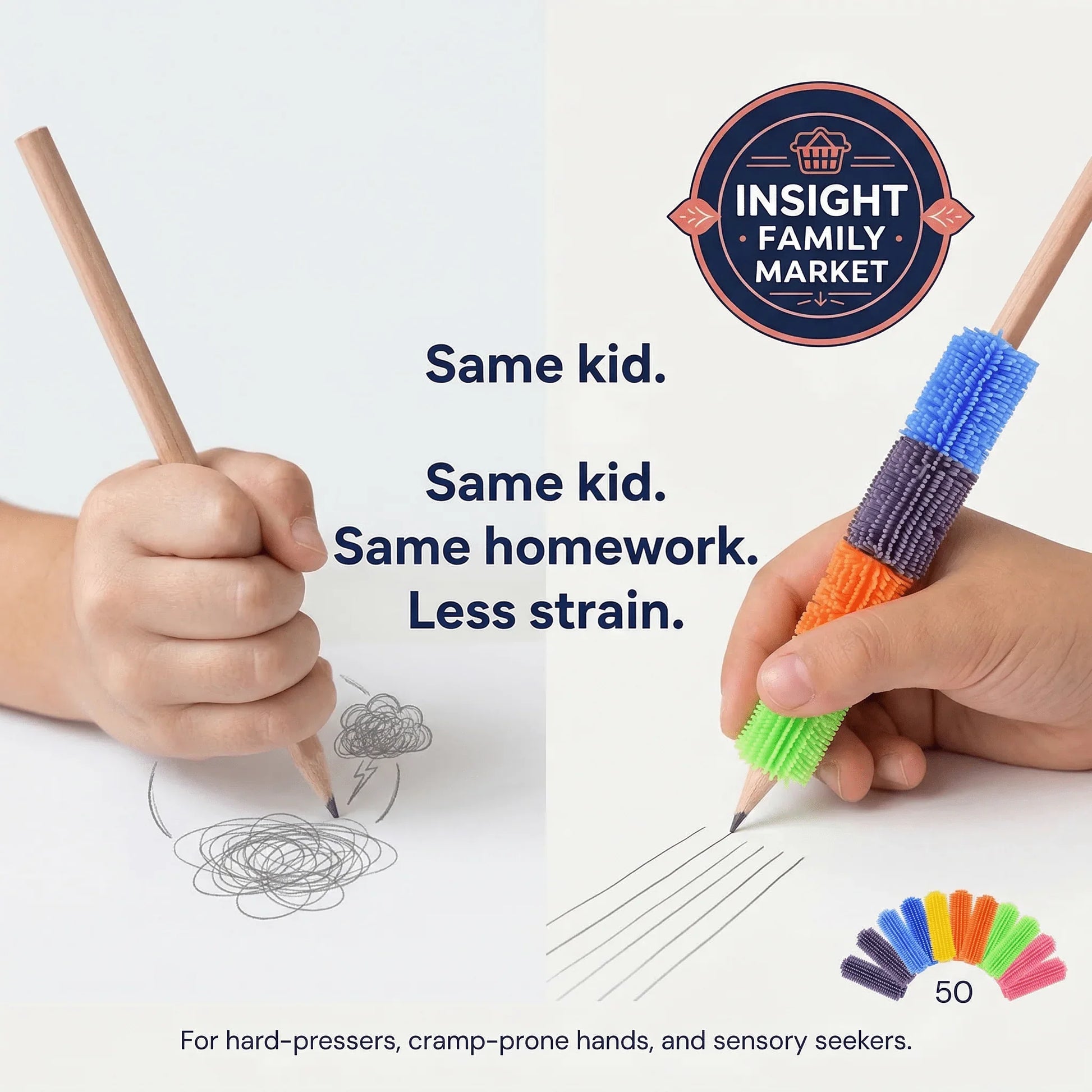 Child writing with and without a colorful sensory pencil grip, demonstrates improved handwriting and less hand strain.
