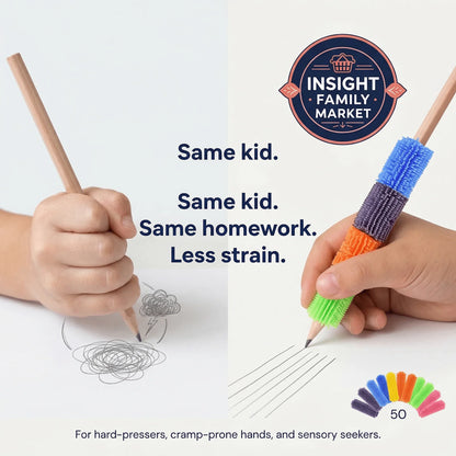 Child writing with and without a colorful sensory pencil grip, demonstrates improved handwriting and less hand strain.
