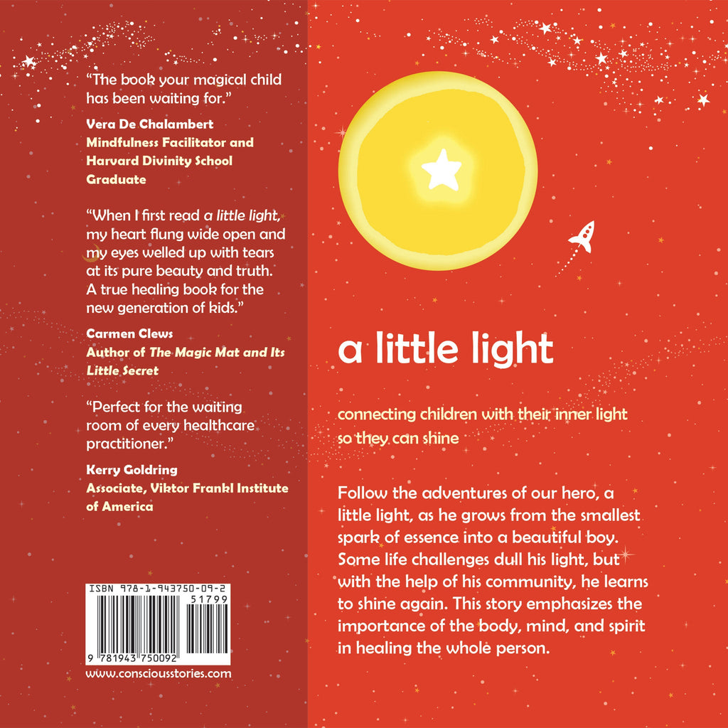Back cover of a book titled 'a little light' with text and a star design on a red background.