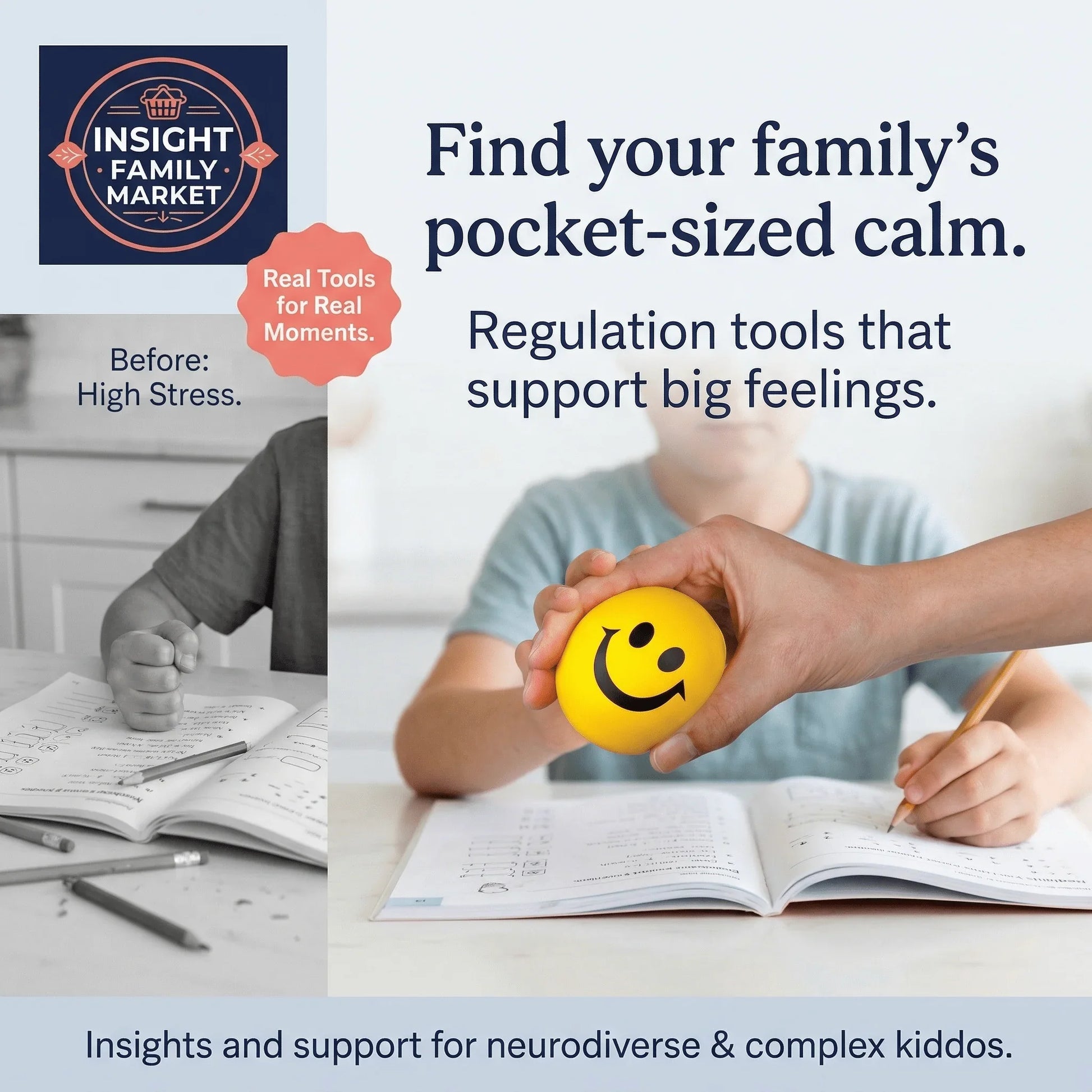 Child holding a yellow smiley stress ball while doing homework, promoting emotional regulation tools.