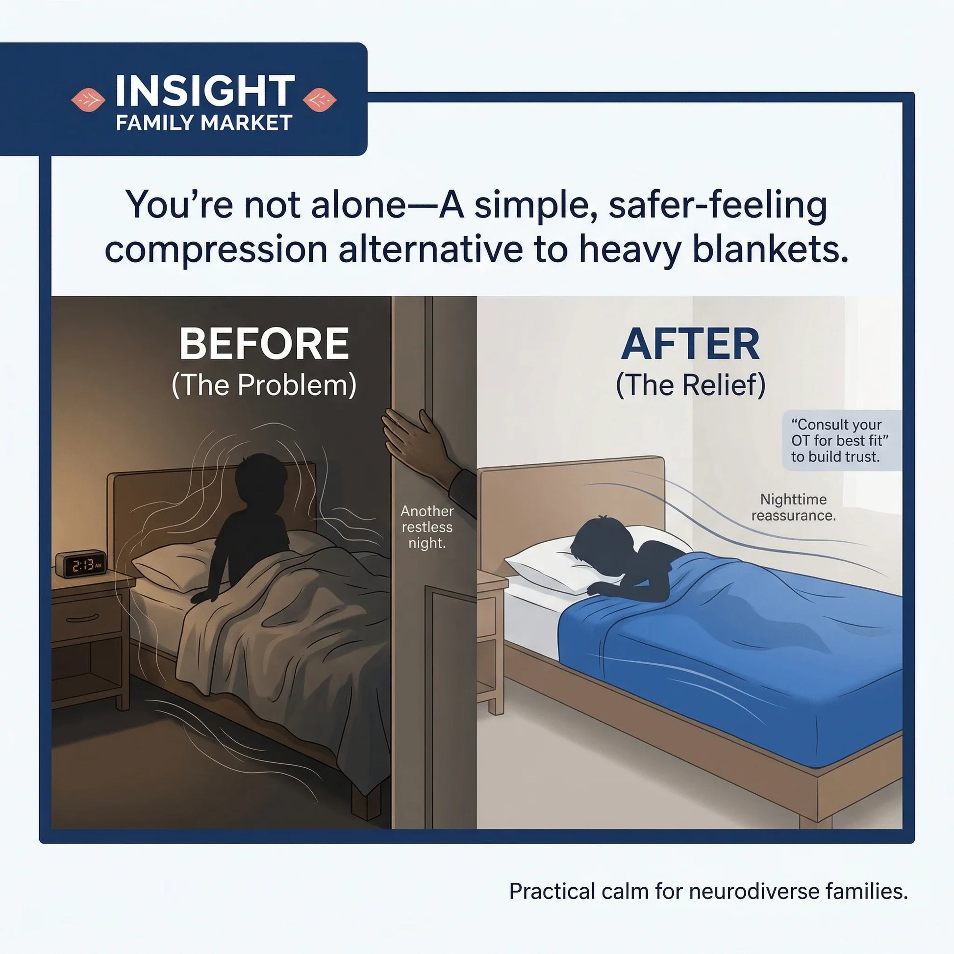 Illustration comparing restless sleep to calm sleep with a sensory compression sheet for neurodiverse children.