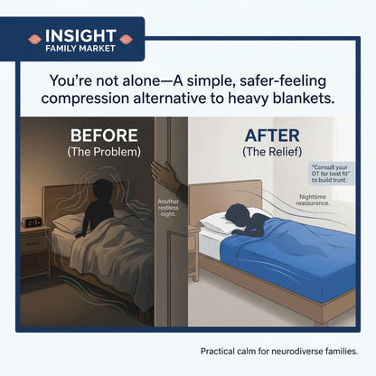 Illustration comparing restless sleep to calm sleep with a sensory compression sheet for neurodiverse children.