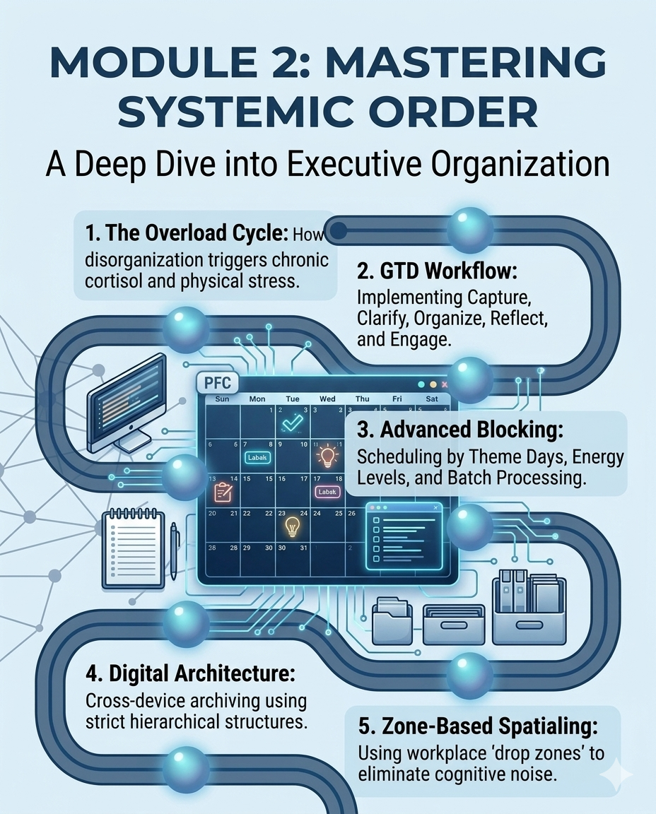 Module 2: Mastering Systemic Order infographic on executive organization with text and icons.