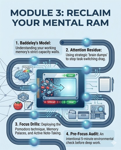 Module 3 infographic on reclaiming mental focus with Baddeley's Model, attention residue, focus drills, and pre-focus audit.