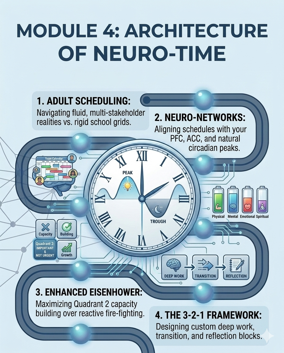 Infographic on the architecture of neuro-time with a clock and scheduling concepts.