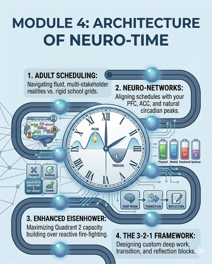 Infographic on the architecture of neuro-time with a clock and scheduling concepts.