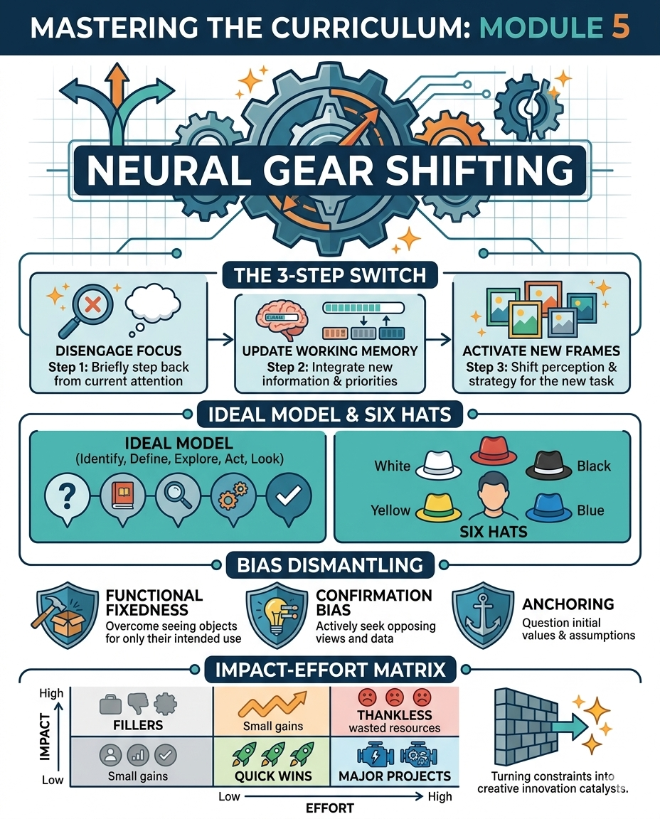Infographic on neural gear shifting with various steps and models.