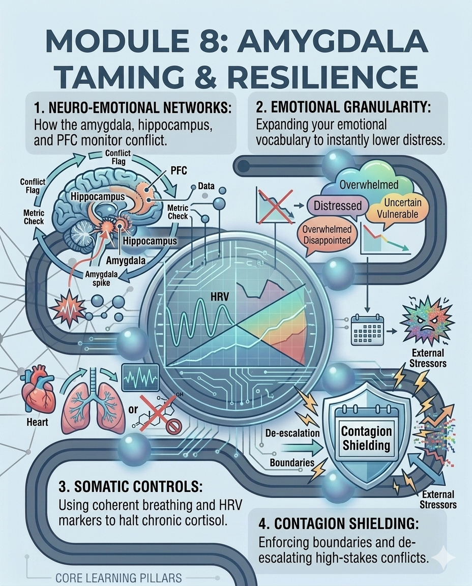 Infographic on amygdala taming and resilience with neurological and emotional components.