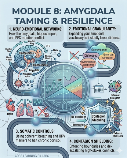 Infographic on amygdala taming and resilience with neurological and emotional components.
