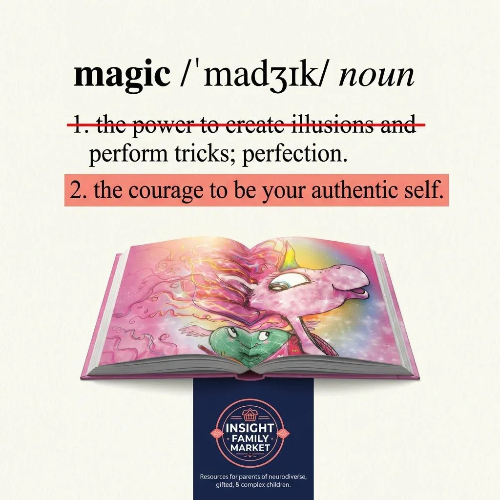 Open book with colorful unicorn illustration, text about magic and authenticity above.