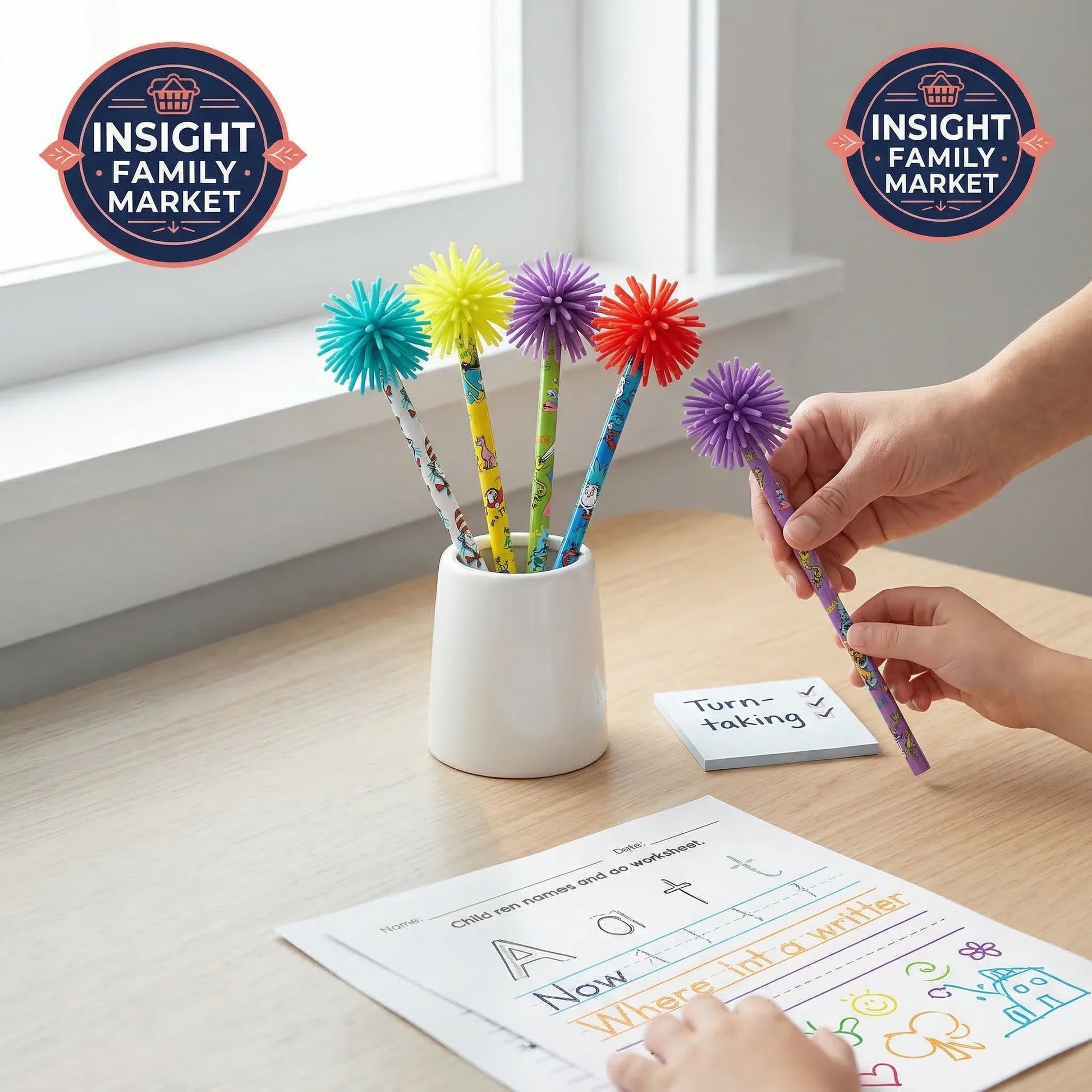 Colorful pens with pom-pom ends in a white holder on a table with a child coloring, Insight Family Market logos visible.